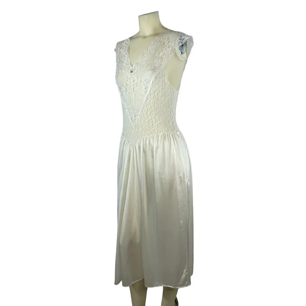 1970s Cira Ivory Lace & Satin Bias-Cut Slip Dress Made in USA size small